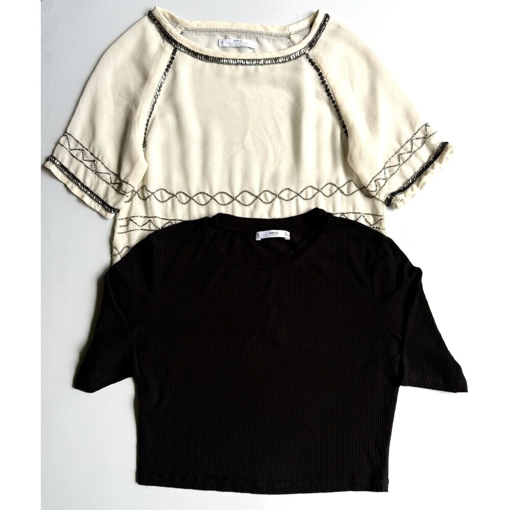 Lot of 2 MNG Mango Tops - Sequin Bead Embellished Sz S Black Crop Sz M